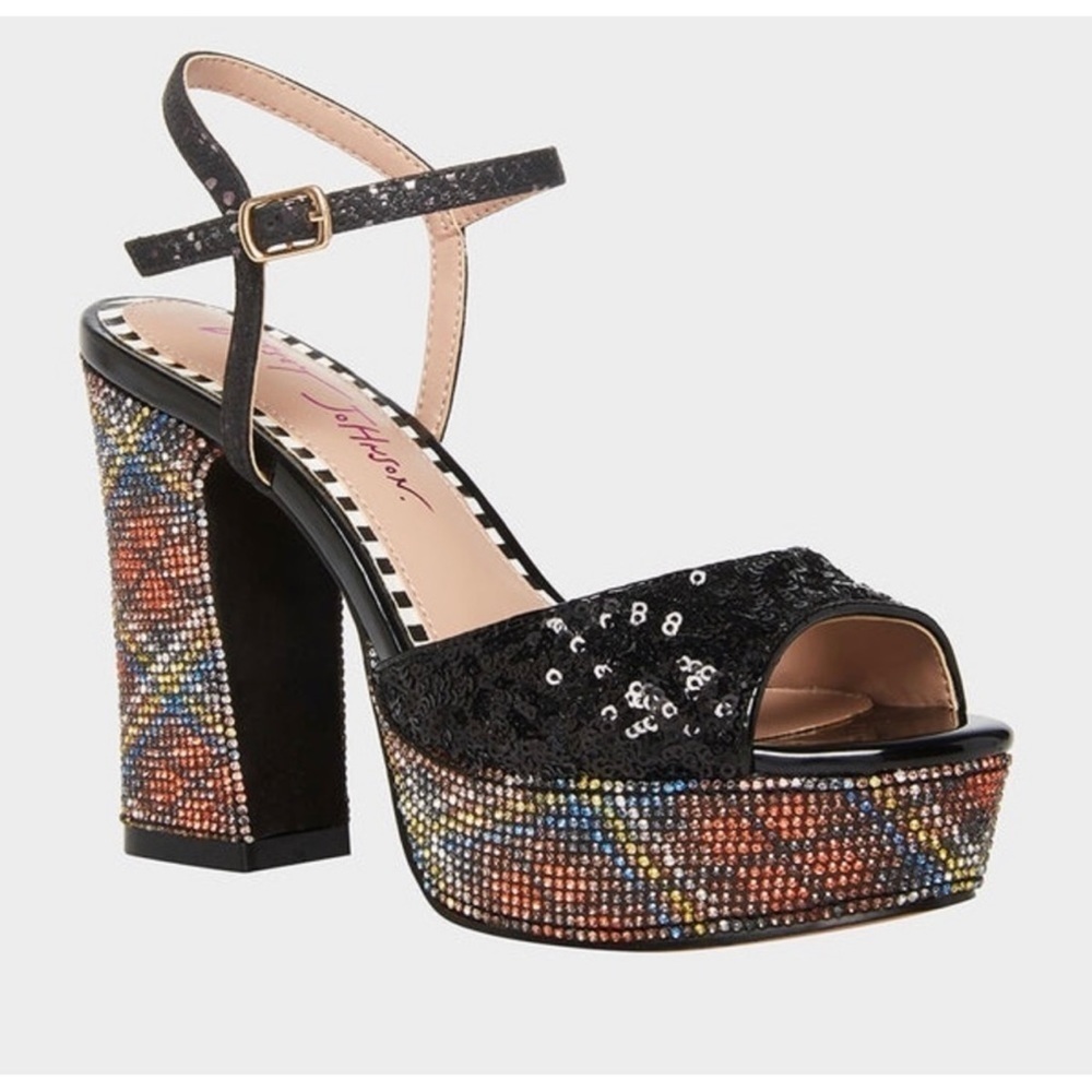 Betsey Johnson Alaia Black Plaid Sequin Crystal Platform Heels Sz. 6 BNIB
